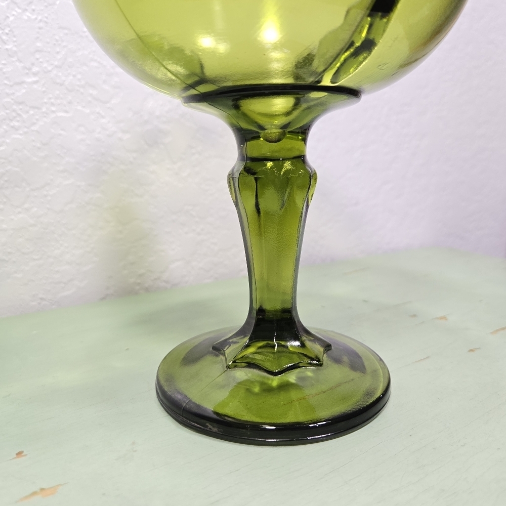Indiana Glass Olive Green Teardrop Pedestal Compote Fruit Bowl Goblet Vintage - Picture 2 of 6